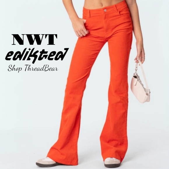 Vibrant [Edikted] High Rise Corduroy Orange NWT Flare + Wide Leg Pants | XS - Picture 1 of 12